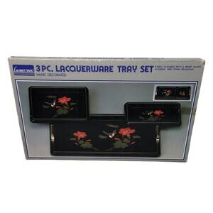 Vintage Japanese Nesting Trays Black Lacquerware 3pc Set Bird & Flowers